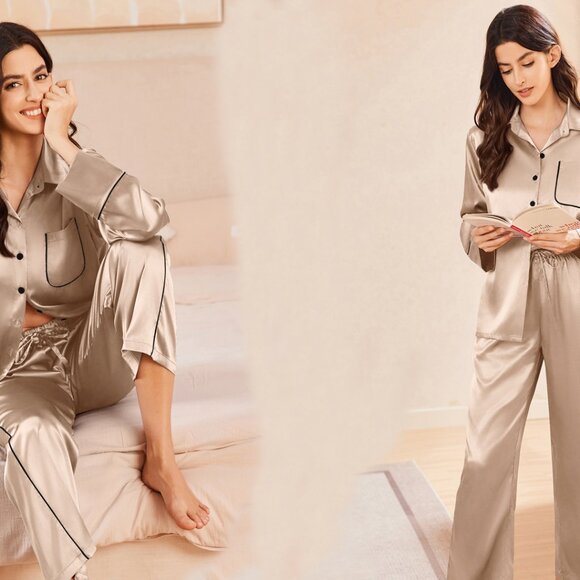 Satin Pajama Set Button Down Lounge Wear Long Pants Sleepwear with Pockets - Picture 8 of 8